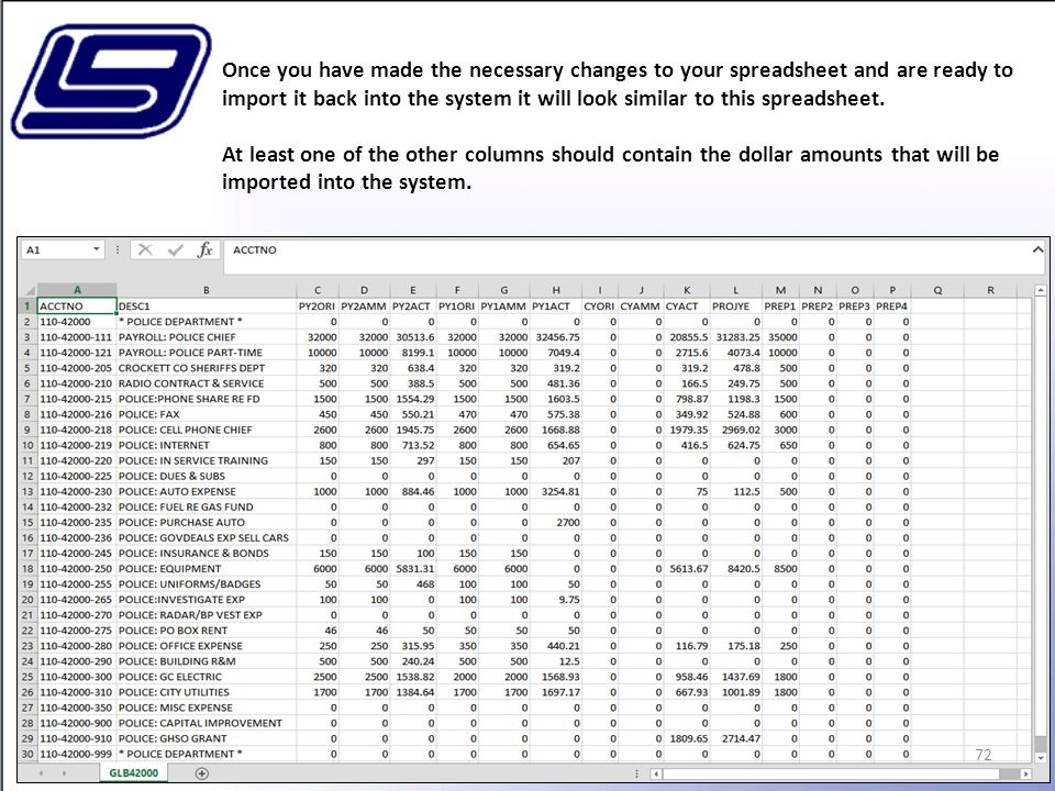 72 Once you have made the necessary changes to your spreadsheet and are ready to import it back into the system it will look similar to this spreadsheet.