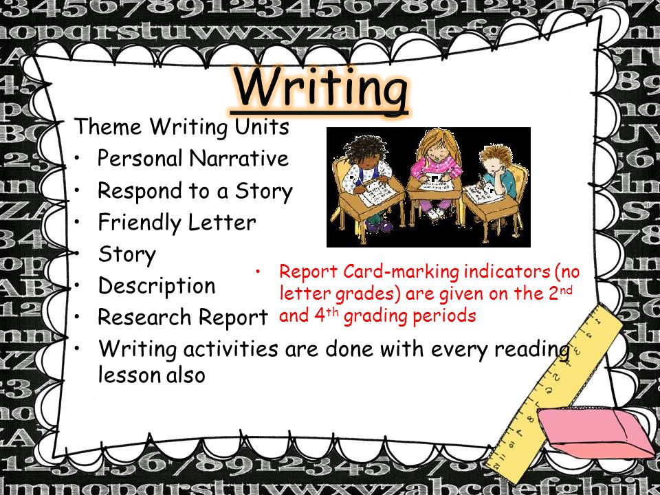 Theme Writing Units Personal Narrative Respond to a Story Friendly Letter Story Description Research Report Writing activities are done with every reading lesson also Report Card-marking indicators (no letter grades) are given on the 2 nd and 4 th grading periods