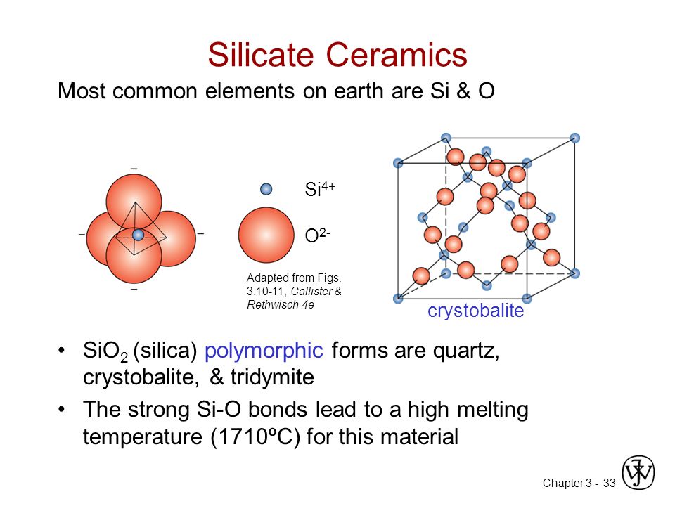 Chapter Silicate Ceramics Most common elements on earth are Si & O SiO 2 (silica) polymorphic forms are quartz, crystobalite, & tridymite The strong Si-O bonds lead to a high melting temperature (1710ºC) for this material Si 4+ O 2- Adapted from Figs.
