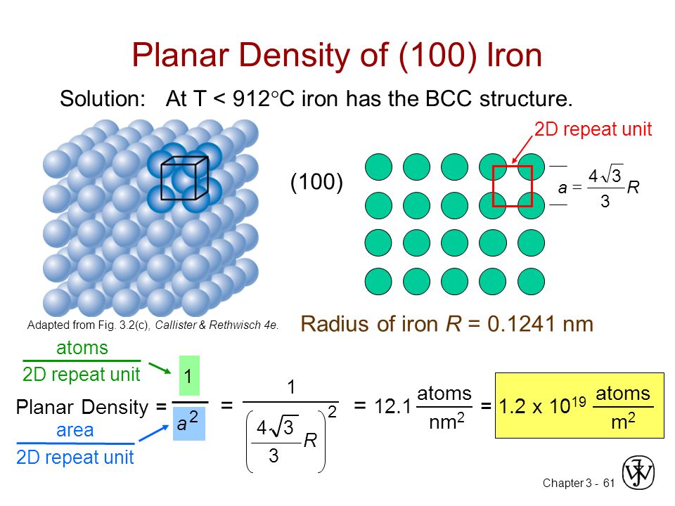Chapter Planar Density of (100) Iron Solution: At T < 912  C iron has the BCC structure.