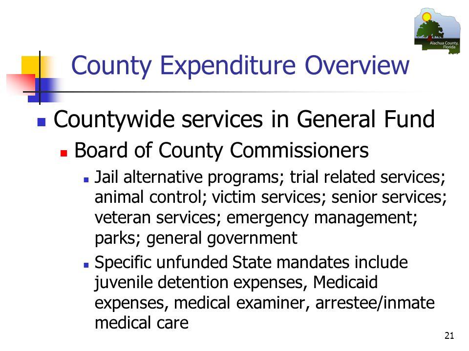 21 County Expenditure Overview Countywide services in General Fund Board of County Commissioners Jail alternative programs; trial related services; animal control; victim services; senior services; veteran services; emergency management; parks; general government Specific unfunded State mandates include juvenile detention expenses, Medicaid expenses, medical examiner, arrestee/inmate medical care