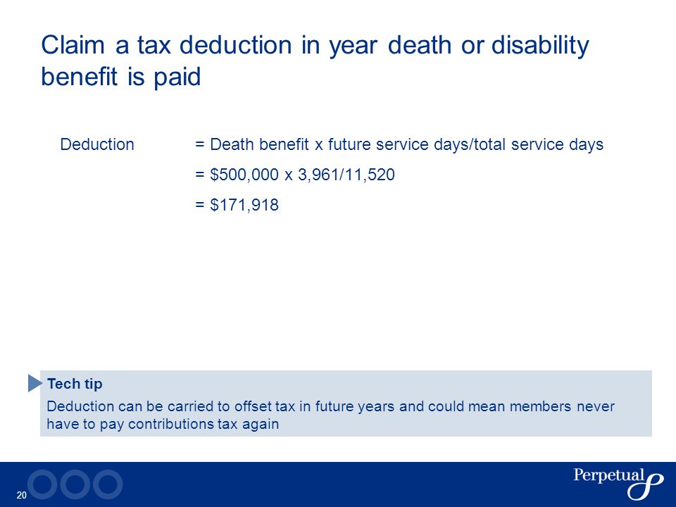 20 Claim a tax deduction in year death or disability benefit is paid Deduction = Death benefit x future service days/total service days = $500,000 x 3,961/11,520 = $171,918 Tech tip Deduction can be carried to offset tax in future years and could mean members never have to pay contributions tax again