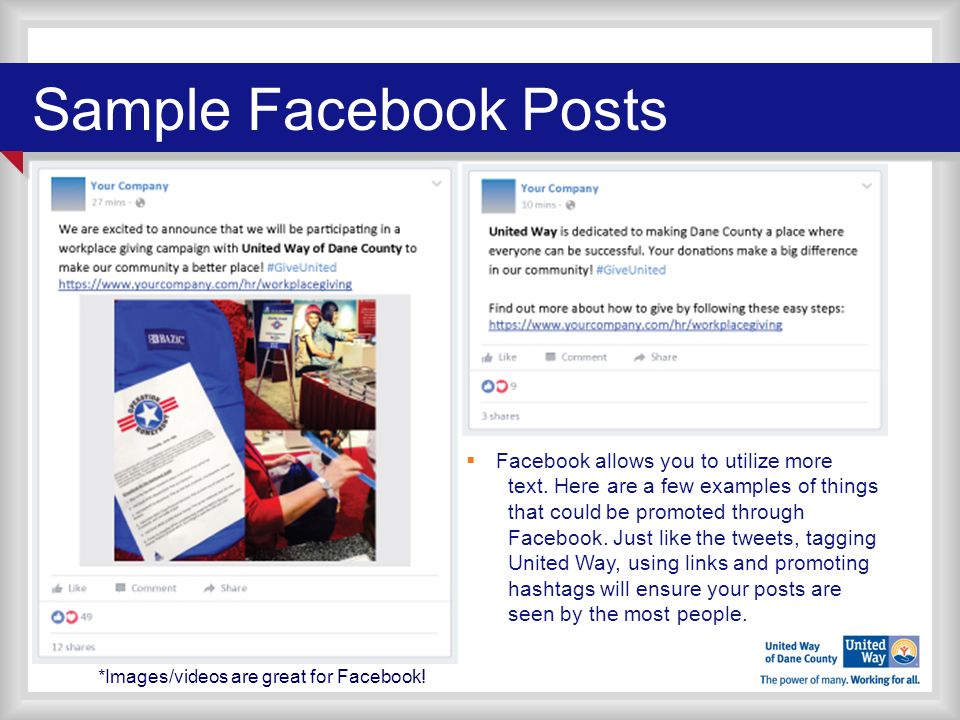 Sample Facebook Posts  Facebook allows you to utilize more text.