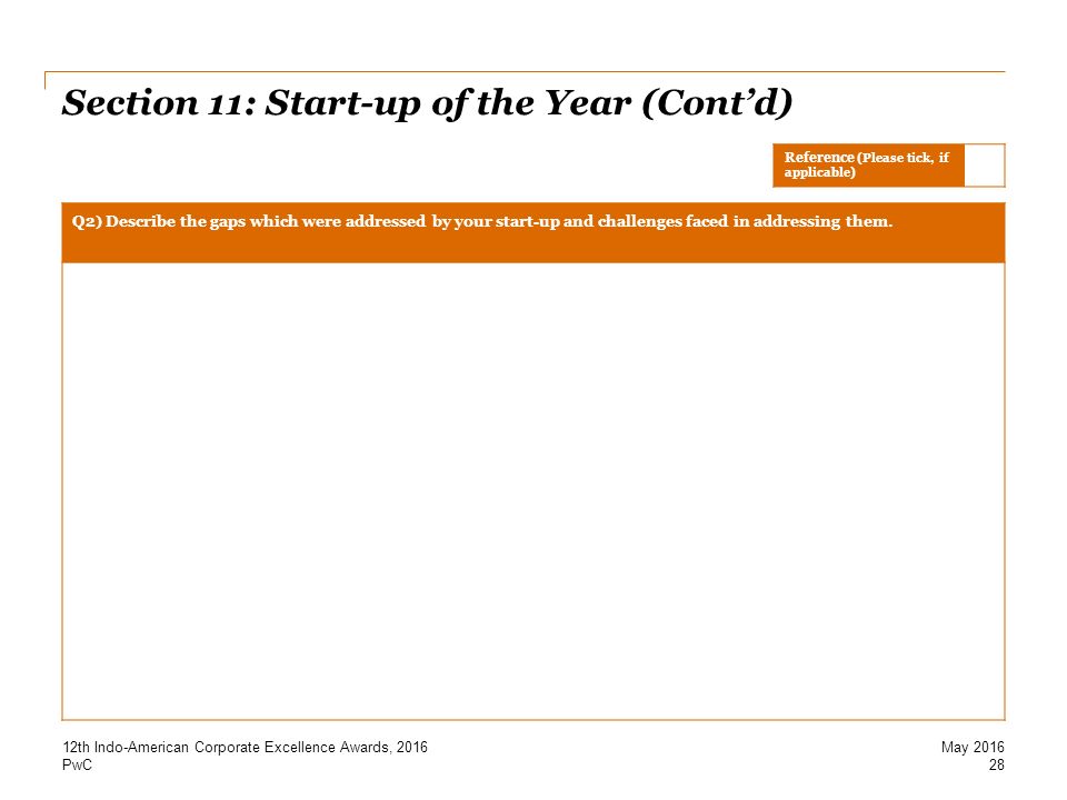 PwC Section 11: Start-up of the Year (Cont’d) Q2) Describe the gaps which were addressed by your start-up and challenges faced in addressing them.
