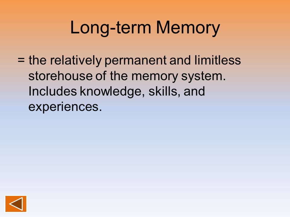 Long-term Memory = the relatively permanent and limitless storehouse of the memory system.