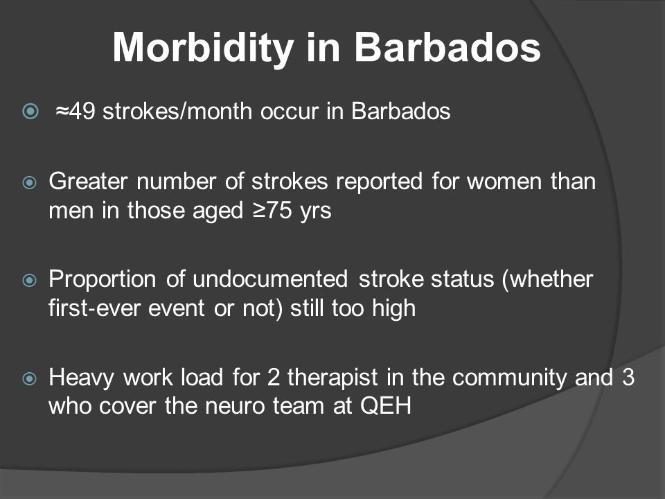  ≈49 strokes/month occur in Barbados  Greater number of strokes reported for women than men in those aged ≥75 yrs  Proportion of undocumented stroke status (whether first ‐ ever event or not) still too high  Heavy work load for 2 therapist in the community and 3 who cover the neuro team at QEH