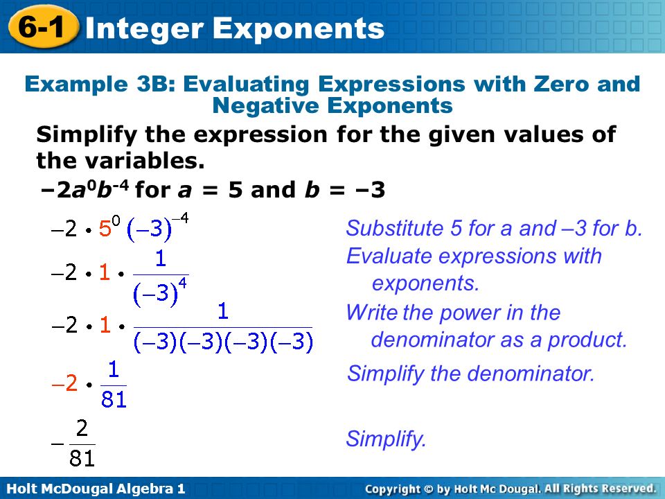 Holt McDougal Algebra Integer Exponents 6-1 Integer Exponents Holt ...