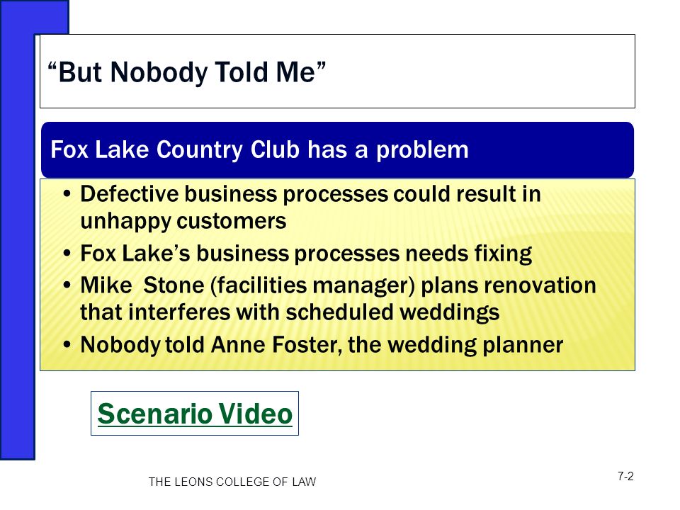 Fox Lake Country Club has a problem Defective business processes could result in unhappy customers Fox Lake’s business processes needs fixing Mike Stone (facilities manager) plans renovation that interferes with scheduled weddings Nobody told Anne Foster, the wedding planner But Nobody Told Me Scenario Video THE LEONS COLLEGE OF LAW 7-2