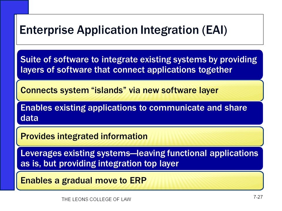 Suite of software to integrate existing systems by providing layers of software that connect applications together Connects system islands via new software layer Enables existing applications to communicate and share data Provides integrated information Leverages existing systems—leaving functional applications as is, but providing integration top layer Enables a gradual move to ERP Enterprise Application Integration (EAI) THE LEONS COLLEGE OF LAW 7-27