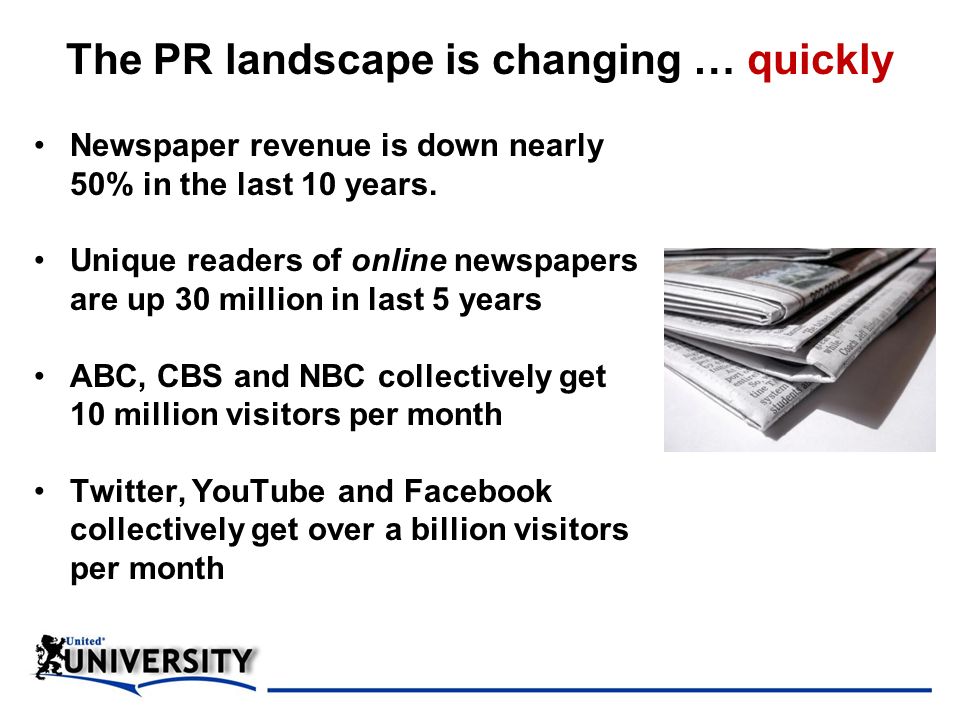The PR landscape is changing … quickly Newspaper revenue is down nearly 50% in the last 10 years.