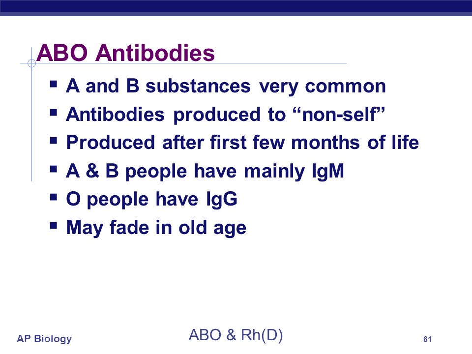 AP Biology ABO & Rh(D) 60 The ABO Antigens  Added to Proteins or Lipids in Red Cells  Substrate Molecule is H (fucose)  A antigen is N-acetyl-galactosamine (GalNAc)  B antigen is Galactose (Gal)  A and B genes code for transferase enzymes