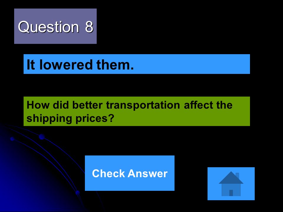 Question 8 How did better transportation affect the shipping prices It lowered them. Check Answer