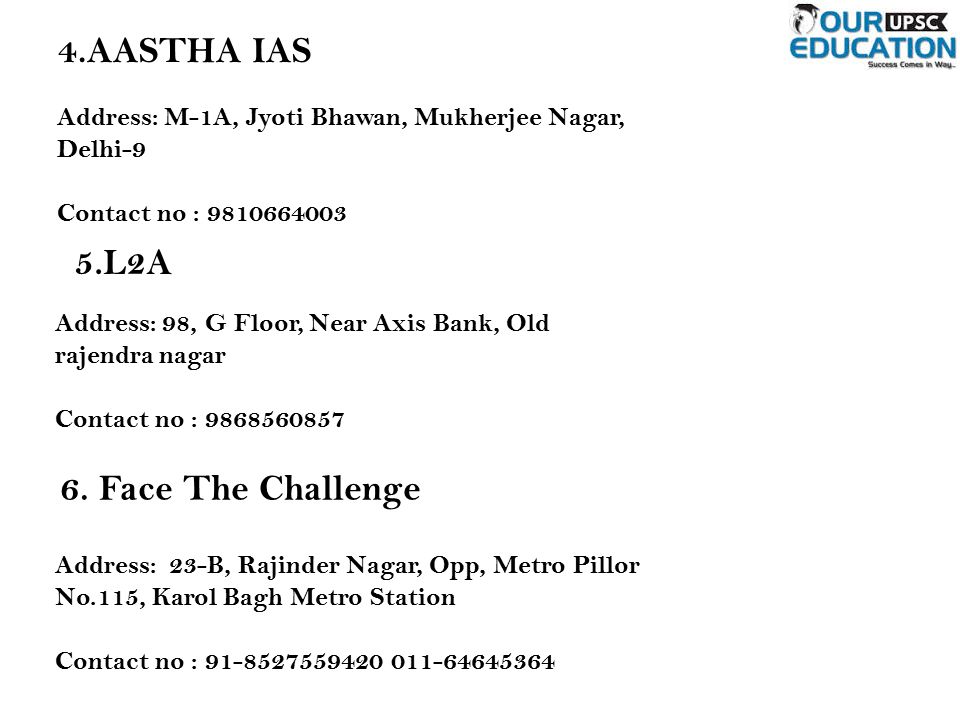 4.AASTHA IAS Address: M-1A, Jyoti Bhawan, Mukherjee Nagar, Delhi-9 Contact no : L2A Address: 98, G Floor, Near Axis Bank, Old rajendra nagar Contact no :
