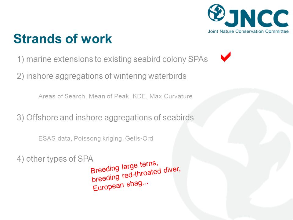 Strands of work 1) marine extensions to existing seabird colony SPAs  2) inshore aggregations of wintering waterbirds 3) Offshore and inshore aggregations of seabirds 4) other types of SPA Areas of Search, Mean of Peak, KDE, Max Curvature ESAS data, Poissong kriging, Getis-Ord Breeding large terns, breeding red-throated diver, European shag...