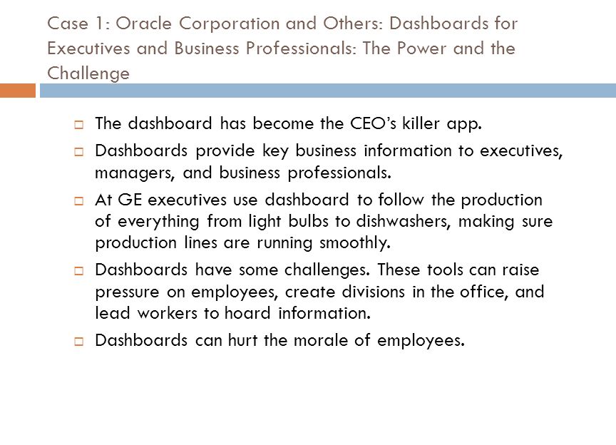 Oracle corporation and others dashboards for executives and business professionals the power and the oracle analytics server