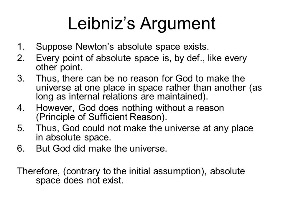 Leibniz’s Argument 1.Suppose Newton’s absolute space exists.
