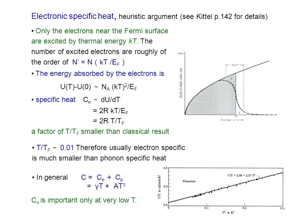 Electronic specific heat, heuristic argument (see Kittel p.142 for details) The energy absorbed by the electrons is U(T)-U(0) ～ N A (kT) 2 /E F specific heat C e ～ dU/dT = 2R kT/E F = 2R T/T F a factor of T/T F smaller than classical result T/T F ～ 0.01 Therefore usually electron specific is much smaller than phonon specific heat In general C = C e + C p = γT + AT 3 Only the electrons near the Fermi surface are excited by thermal energy kT.