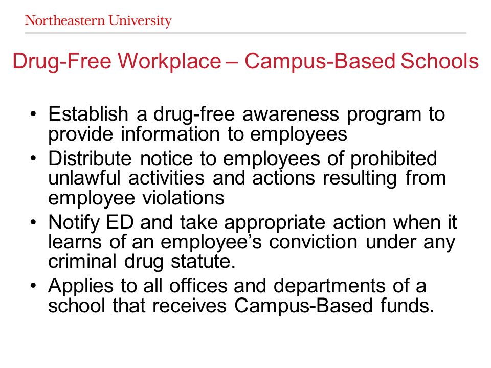 Establish a drug-free awareness program to provide information to employees Distribute notice to employees of prohibited unlawful activities and actions resulting from employee violations Notify ED and take appropriate action when it learns of an employee’s conviction under any criminal drug statute.