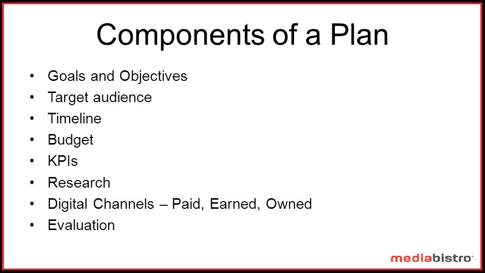 Components of a Plan Goals and Objectives Target audience Timeline Budget KPIs Research Digital Channels – Paid, Earned, Owned Evaluation