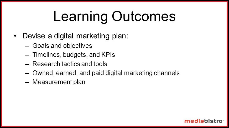 Learning Outcomes Devise a digital marketing plan: –Goals and objectives –Timelines, budgets, and KPIs –Research tactics and tools –Owned, earned, and paid digital marketing channels –Measurement plan