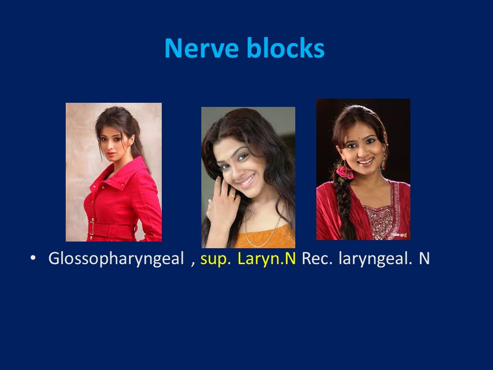 Nerve blocks Glossopharyngeal, sup. Laryn.N Rec. laryngeal. N