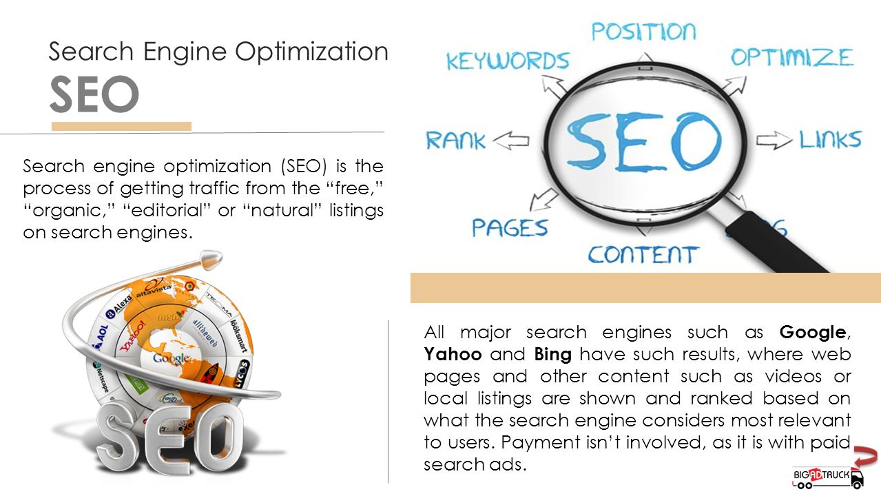 Search Engine Optimization SEO Search engine optimization (SEO) is the process of getting traffic from the free, organic, editorial or natural listings on search engines.