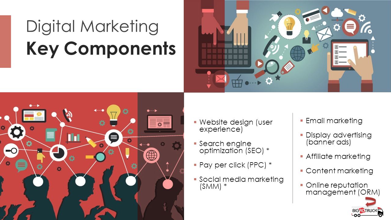 Key Components Digital Marketing  Website design (user experience)  Search engine optimization (SEO) *  Pay per click (PPC) *  Social media marketing (SMM) *   marketing  Display advertising (banner ads)  Affiliate marketing  Content marketing  Online reputation management (ORM)