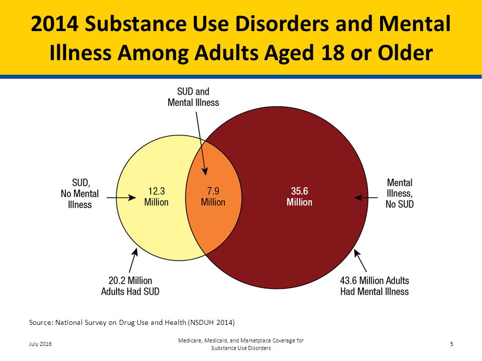 2014 Substance Use Disorders and Mental Illness Among Adults Aged 18 or Older Source: National Survey on Drug Use and Health (NSDUH 2014) July 2016 Medicare, Medicaid, and Marketplace Coverage for Substance Use Disorders 5