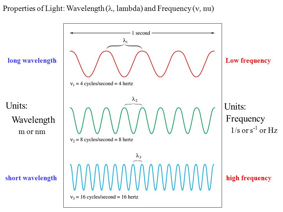 Low frequency high frequency long wavelength short wavelength Units:  Wavelength m or nm Frequency 1/s or s -1 or Hz Properties of Light:  Wavelength (, - ppt download