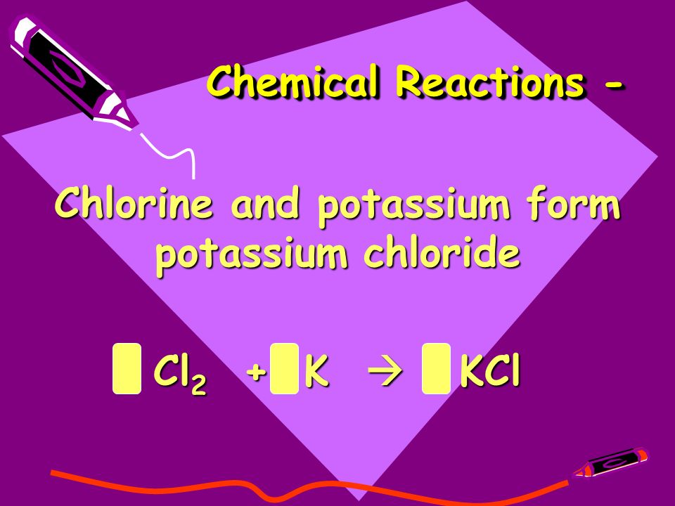 Chemical Reactions - Chlorine and potassium form potassium chloride Cl 2 + K  KCl