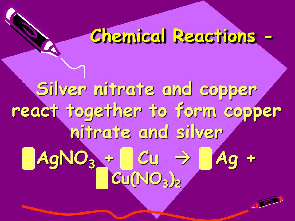 Chemical Reactions - Silver nitrate and copper react together to form copper nitrate and silver AgNO 3 + Cu  Ag + Cu(NO 3 ) 2