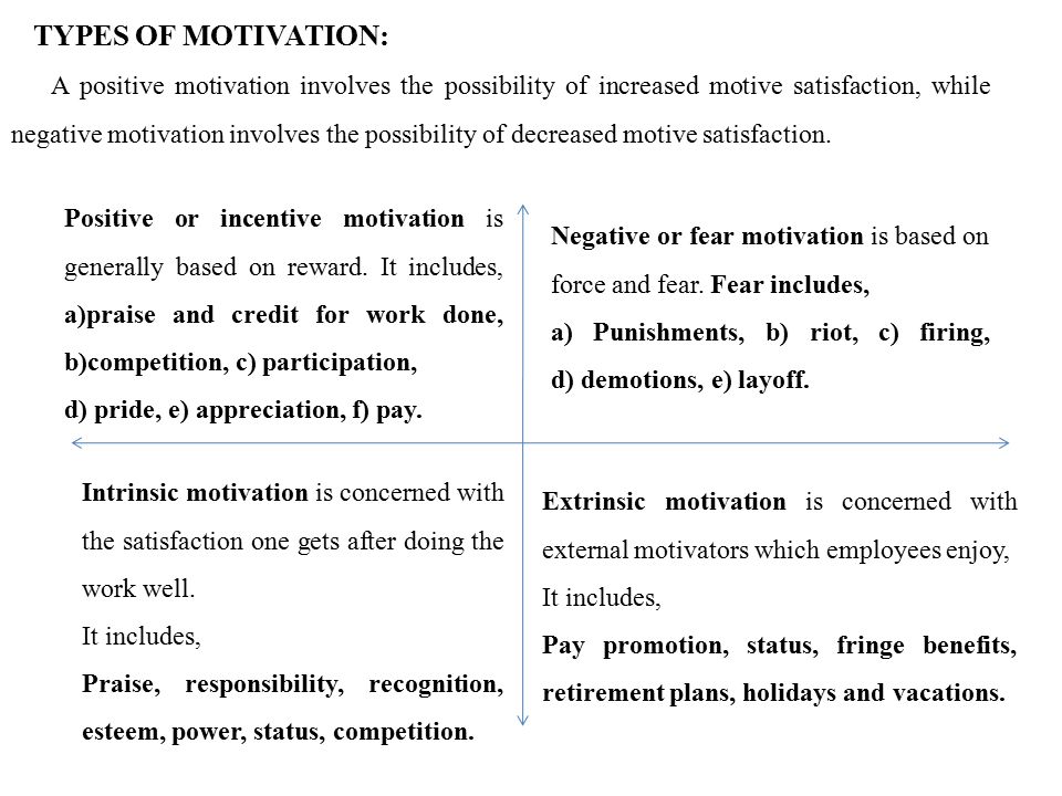 TYPES OF MOTIVATION: A positive motivation involves the possibility of increased motive satisfaction, while negative motivation involves the possibility of decreased motive satisfaction.