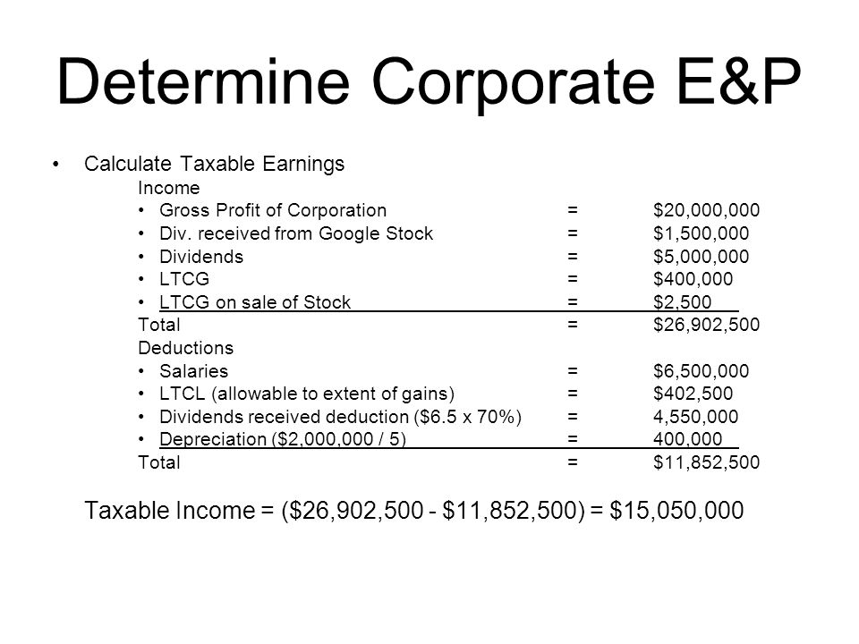 Determine Corporate E&P Calculate Taxable Earnings Income Gross Profit of Corporation= $20,000,000 Div.