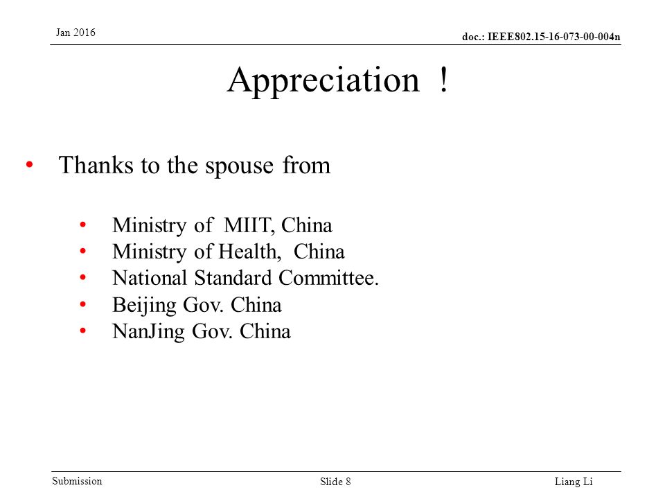 doc.: IEEE n Submission Jan 2016 Liang Li Appreciation .