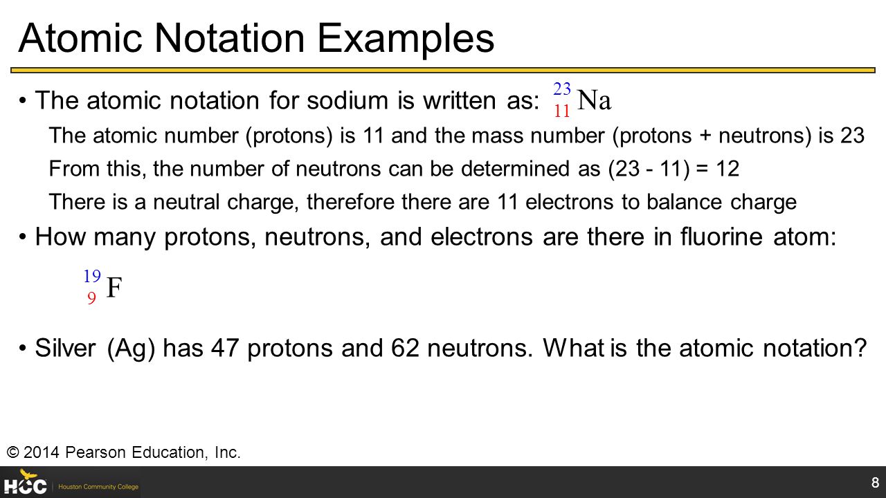 Atomic Notation Examples The atomic notation for sodium is written as: The atomic number (protons) is 11 and the mass number (protons + neutrons) is 23 From this, the number of neutrons can be determined as ( ) = 12 There is a neutral charge, therefore there are 11 electrons to balance charge How many protons, neutrons, and electrons are there in fluorine atom: Silver (Ag) has 47 protons and 62 neutrons.