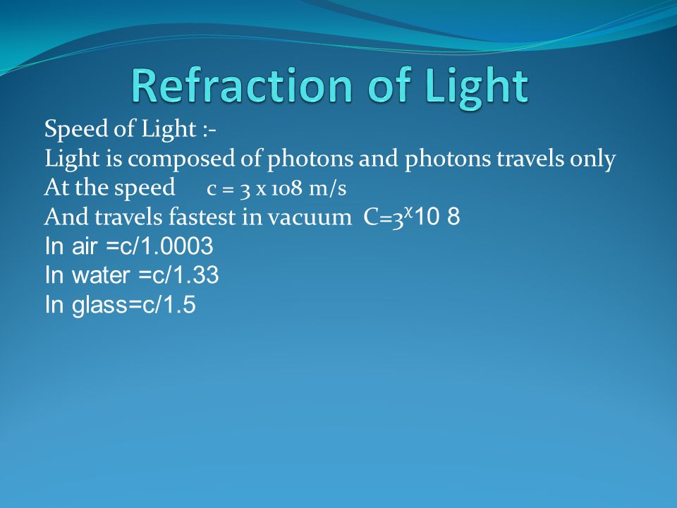 Speed of Light :- Light is composed of photons and photons travels only c = 3 x 108 m/s At the speed And travels fastest in vacuum C= In air =c/ In water =c/1.33 In glass=c/1.5
