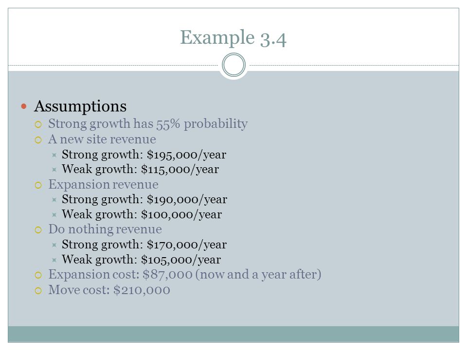 Example 3.4 Assumptions  Strong growth has 55% probability  A new site revenue  Strong growth: $195,000/year  Weak growth: $115,000/year  Expansion revenue  Strong growth: $190,000/year  Weak growth: $100,000/year  Do nothing revenue  Strong growth: $170,000/year  Weak growth: $105,000/year  Expansion cost: $87,000 (now and a year after)  Move cost: $210,000