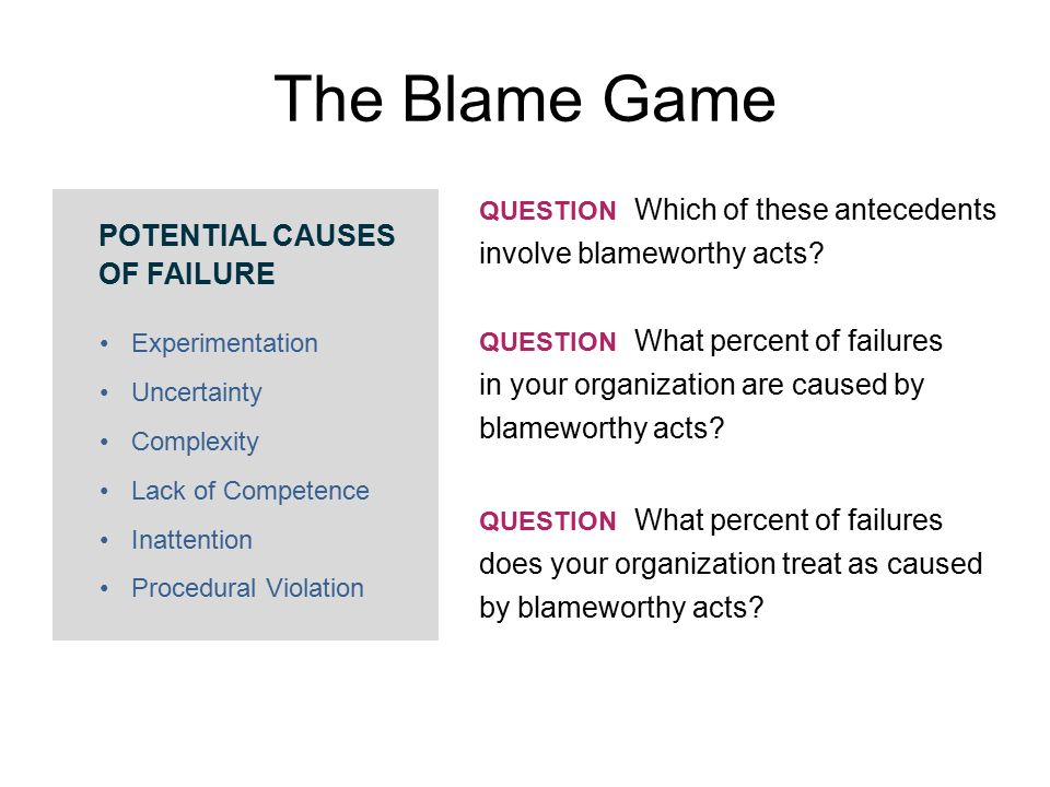 The Blame Game POTENTIAL CAUSES OF FAILURE Experimentation Uncertainty Complexity Lack of Competence Inattention Procedural Violation QUESTION Which of these antecedents involve blameworthy acts.