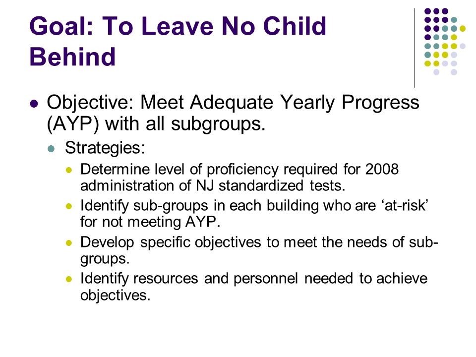 Goal: To Leave No Child Behind Objective: Meet Adequate Yearly Progress (AYP) with all subgroups.