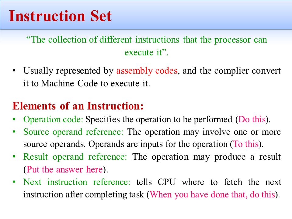 Computer Architecture. Instruction Set “The collection of different  instructions that the processor can execute it”. Usually represented by  assembly codes, - ppt download