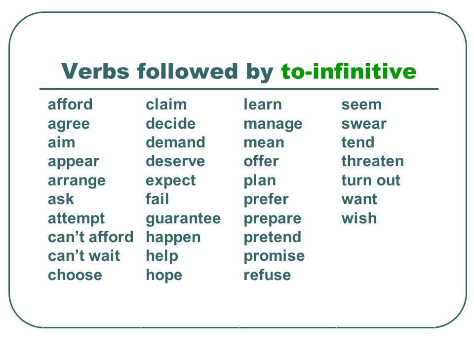 Verbs followed by infinitive 1. modal verb + infinitive e.g.