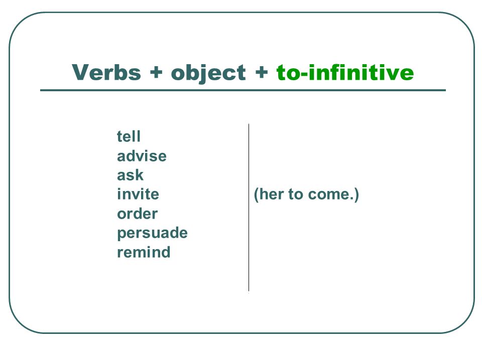 Verbs followed by to-infinitive afford agree aim appear arrange ask attempt can’t afford can’t wait choose claim decide demand deserve expect fail guarantee happen help hope learn manage mean offer plan prefer prepare pretend promise refuse seem swear tend threaten turn out want wish