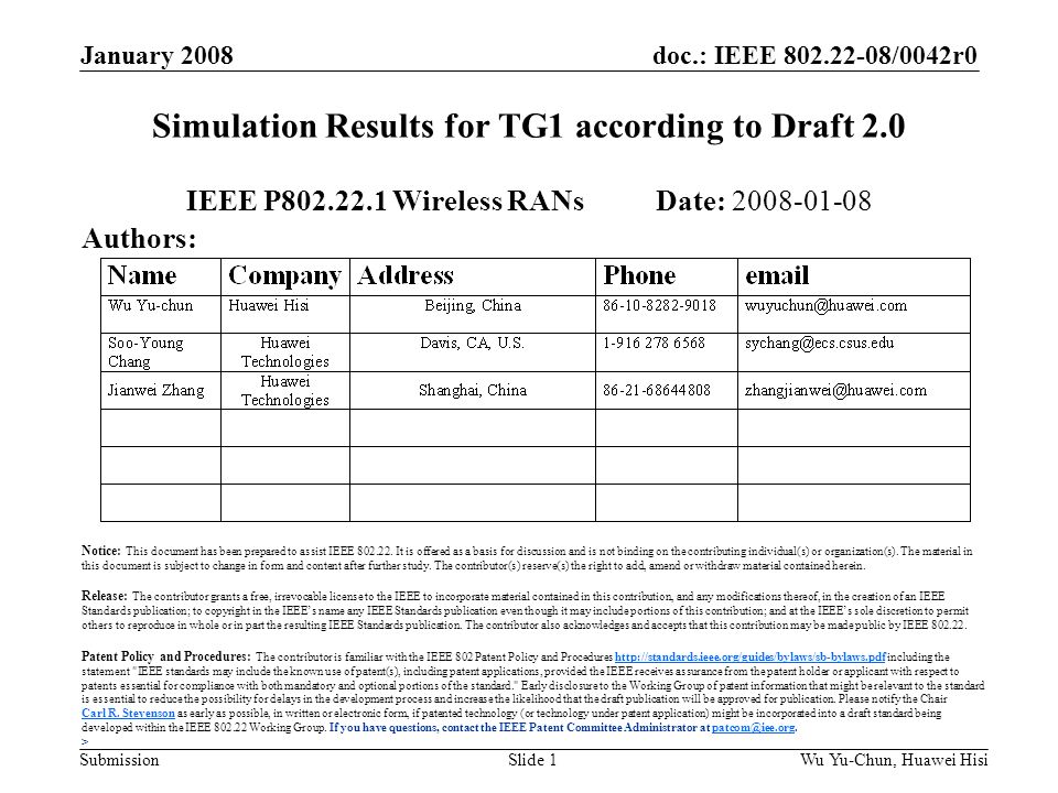 doc.: IEEE /0042r0 Submission January 2008 Wu Yu-Chun, Huawei HisiSlide 1 Simulation Results for TG1 according to Draft 2.0 IEEE P Wireless RANs Date: Authors: Notice: This document has been prepared to assist IEEE