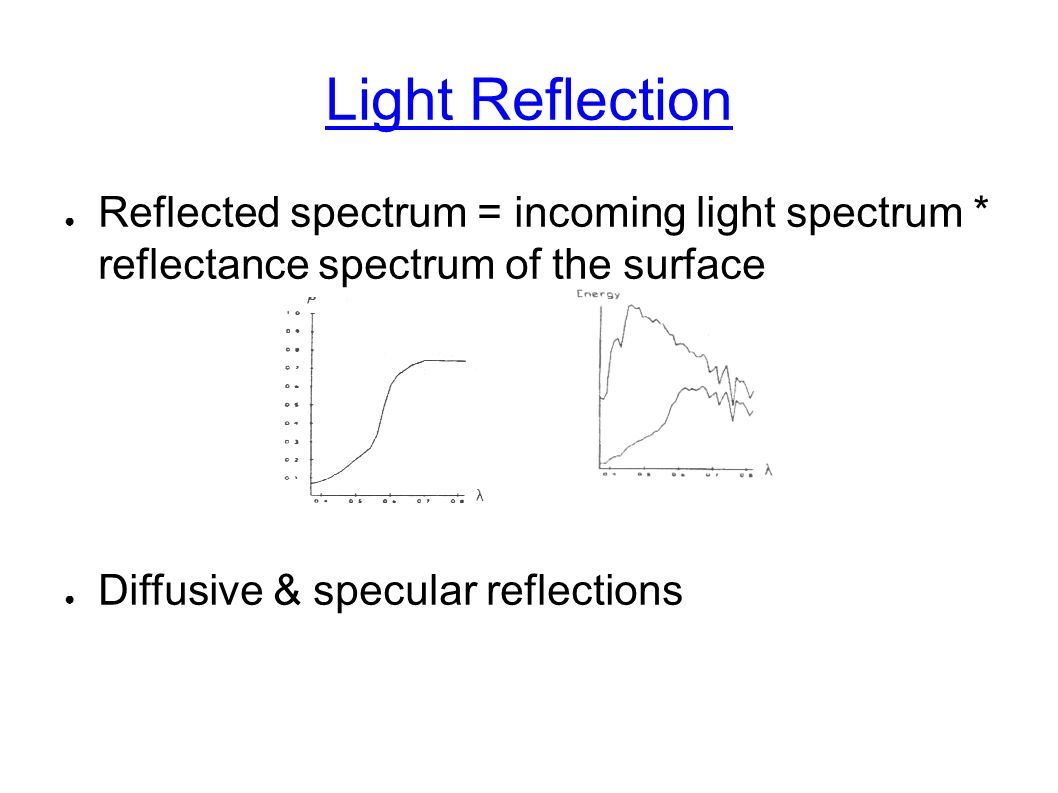 Light Reflection ● Reflected spectrum = incoming light spectrum * reflectance spectrum of the surface ● Diffusive & specular reflections