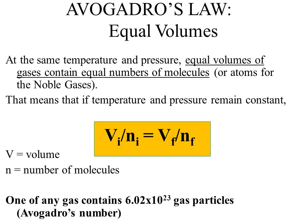 AVOGADRO’S LAW: Equal Volumes At the same temperature and pressure, equal volumes of gases contain equal numbers of molecules (or atoms for the Noble Gases).