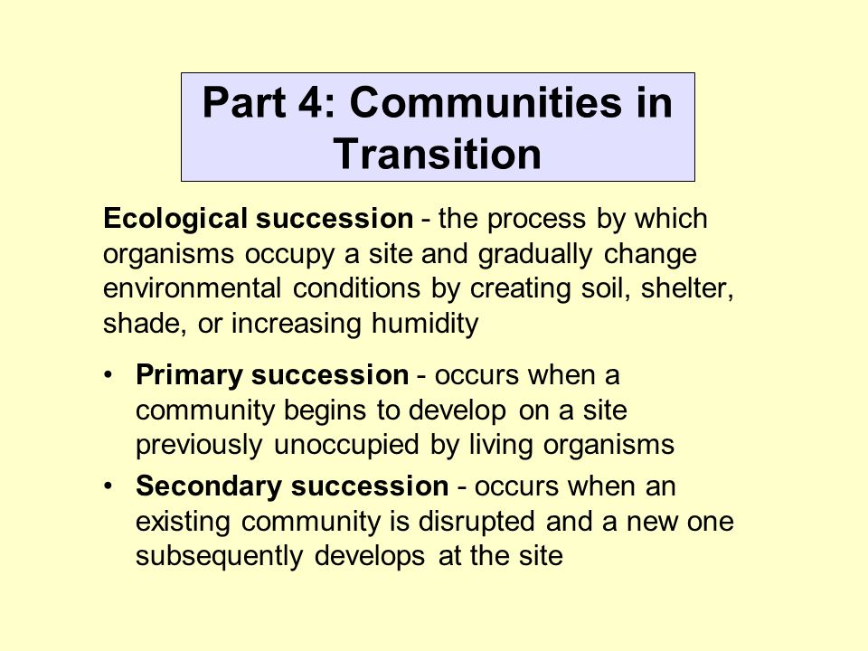 Part 4: Communities in Transition Ecological succession - the process by which organisms occupy a site and gradually change environmental conditions by creating soil, shelter, shade, or increasing humidity Primary succession - occurs when a community begins to develop on a site previously unoccupied by living organisms Secondary succession - occurs when an existing community is disrupted and a new one subsequently develops at the site