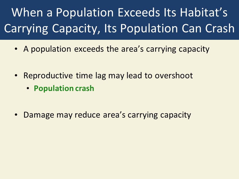 When a Population Exceeds Its Habitat’s Carrying Capacity, Its Population Can Crash A population exceeds the area’s carrying capacity Reproductive time lag may lead to overshoot Population crash Damage may reduce area’s carrying capacity