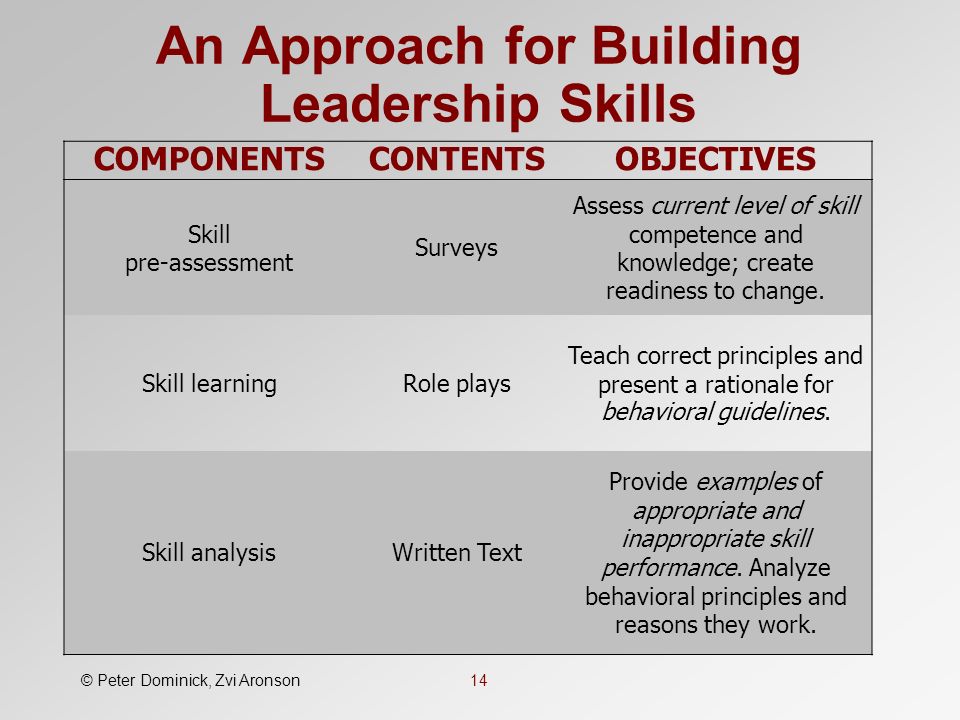 An Approach for Building Leadership Skills 14 COMPONENTSCONTENTSOBJECTIVES Skill pre-assessment Surveys Assess current level of skill competence and knowledge; create readiness to change.