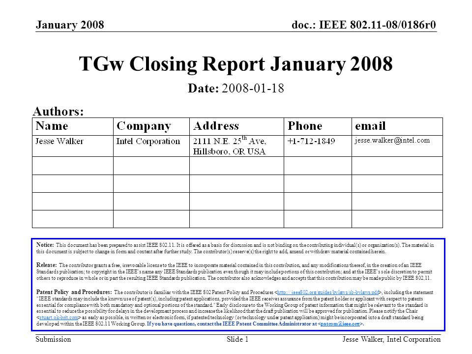doc.: IEEE /0186r0 Submission January 2008 Jesse Walker, Intel CorporationSlide 1 TGw Closing Report January 2008 Notice: This document has been prepared to assist IEEE