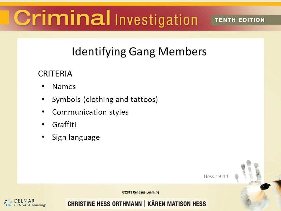 CRITERIA Names Symbols (clothing and tattoos) Communication styles Graffiti Sign language Hess Identifying Gang Members